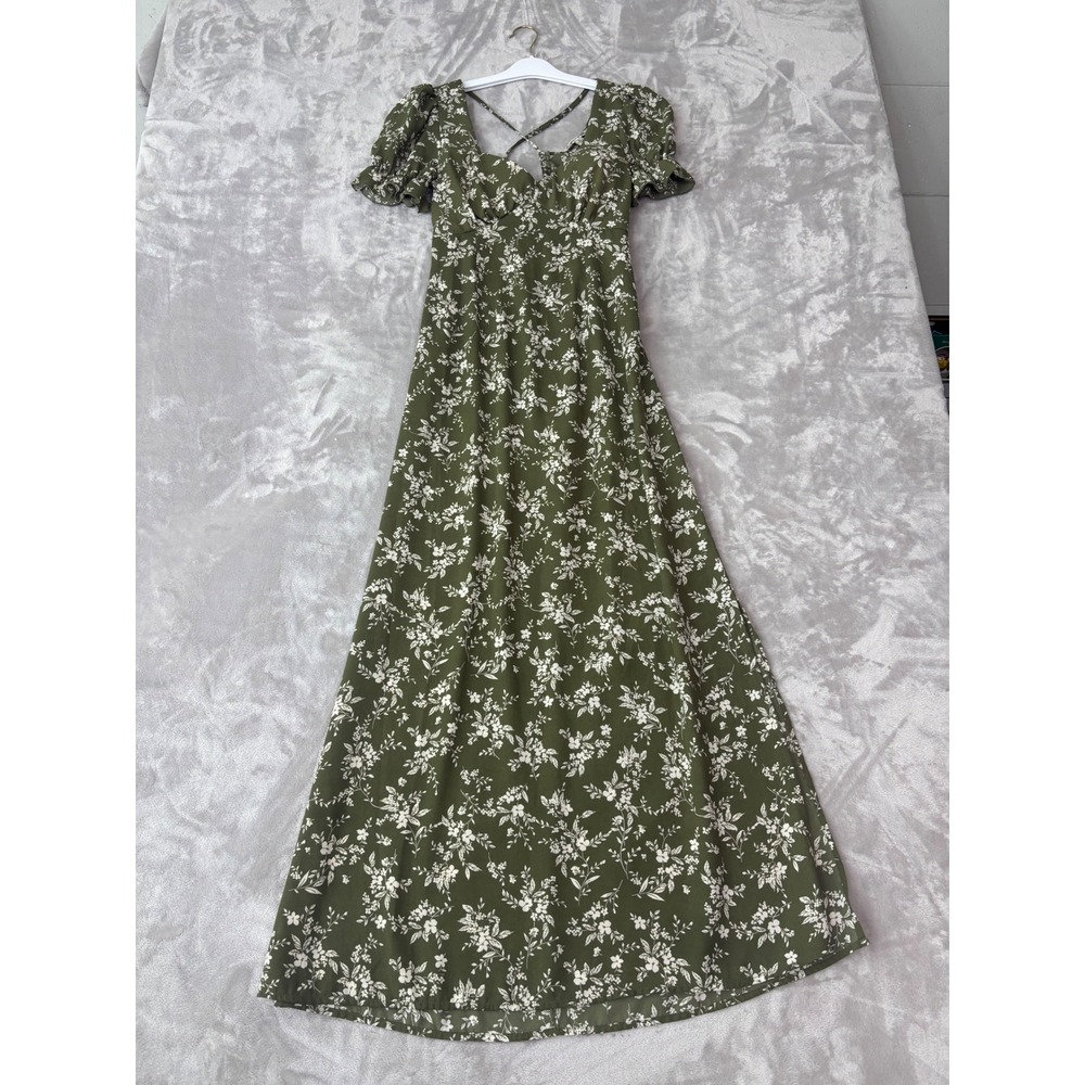 Olive Green Floral Maxi Dress Sweetheart Puff Sleeve Lace Up Back Side Slit